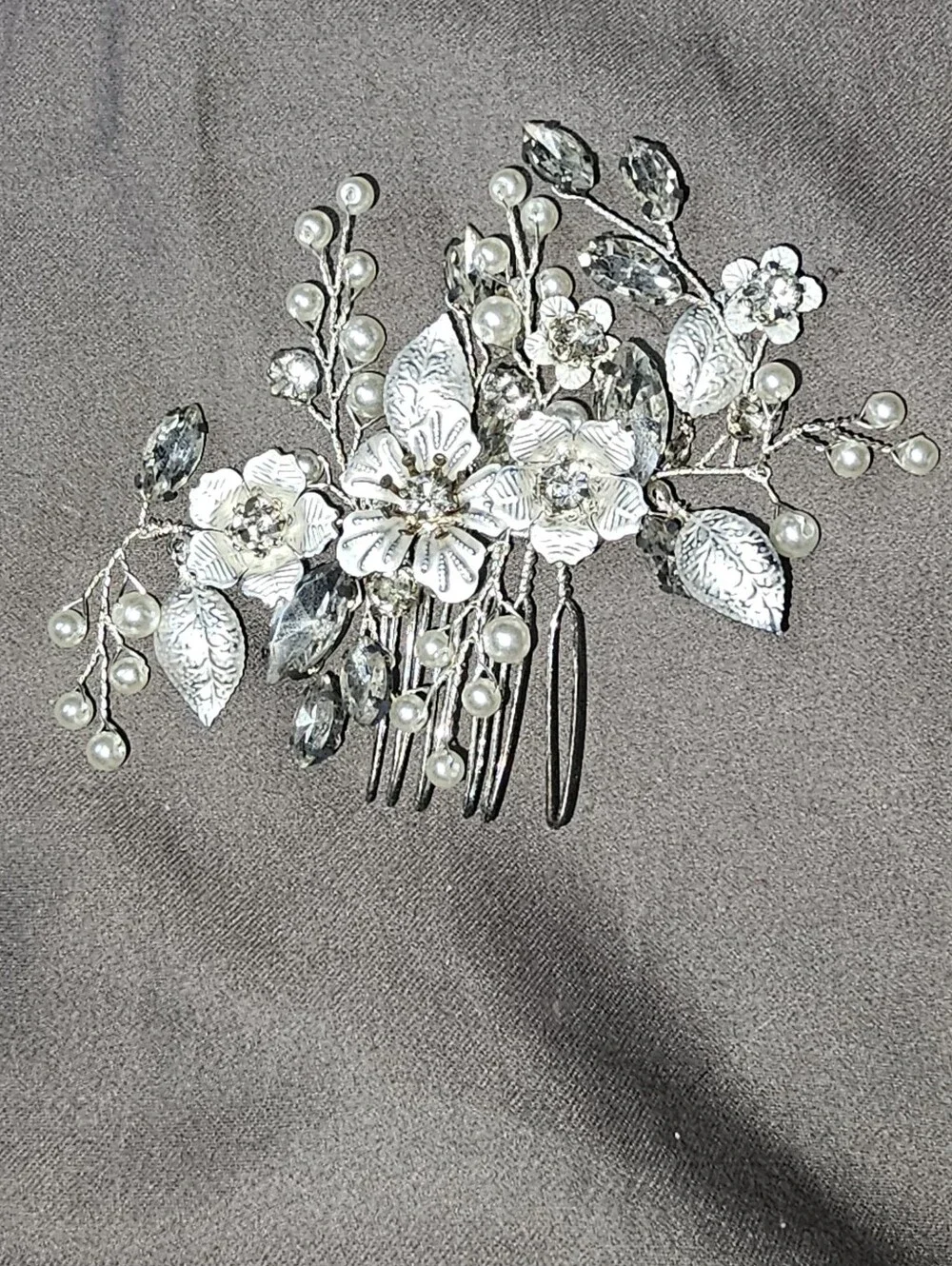 Silver Pearl and Crystal Floral Hair Comb - Wedding, Prom, Formal